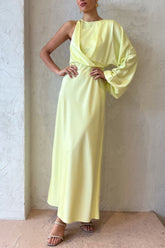 Satin One Shoulder Long Sleeve Slim Elegant Formal Party Midi Dresses